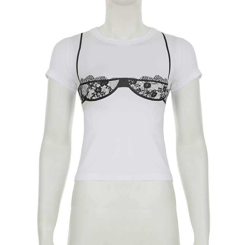 Lace underwear print base crew neck T-shirt