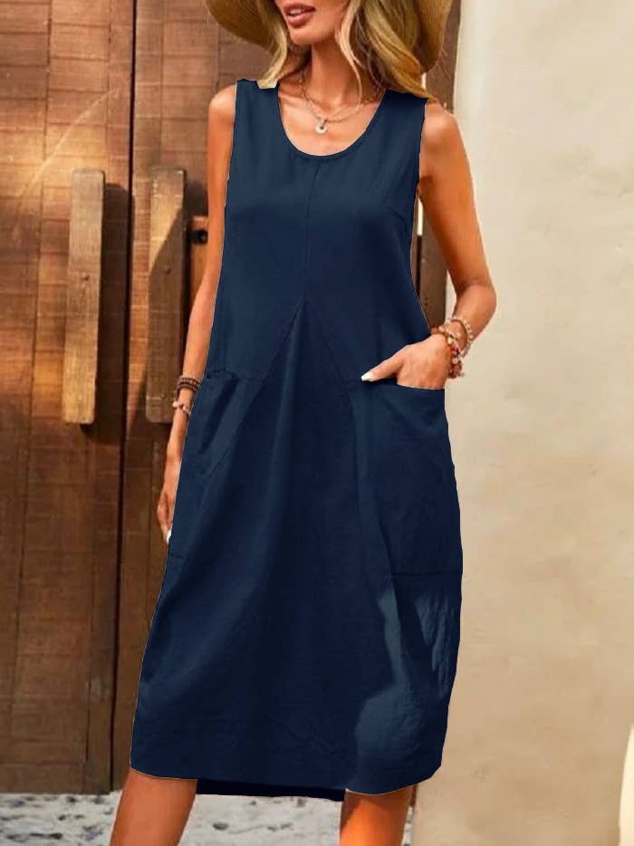 POCKET U-NECK SLEEVELESS CASUAL SIMPLE DRESS