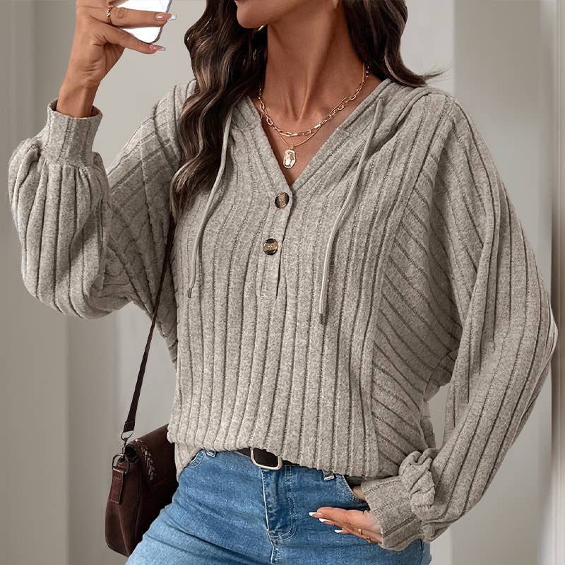 SOLID COLOR WOOLEN PIT STRIP HOODIE FOR WOMEN