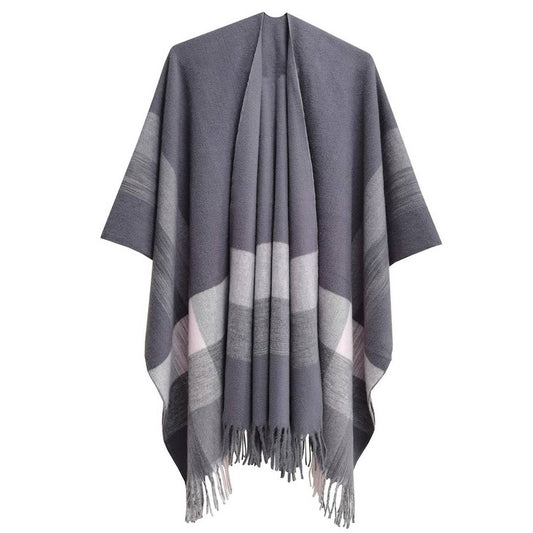 MONOCHROME STRIPED TASSEL WARM SHAWL CLOAK