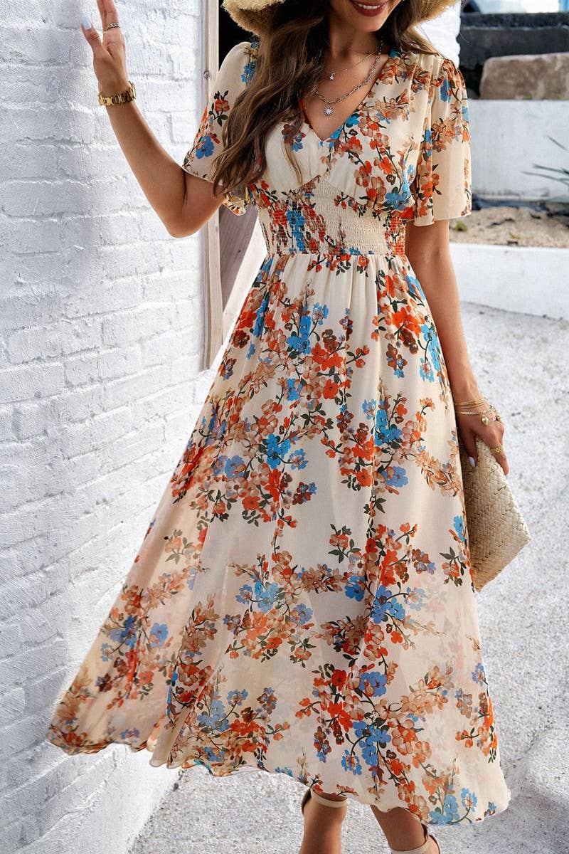 CWDMD0996_Deep V-Neck Short Sleeve Floral Print  Midi Dress