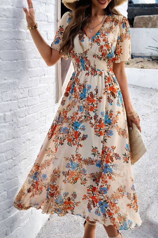 CWDMD0996_Deep V-Neck Short Sleeve Floral Print  Midi Dress