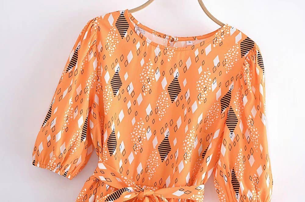 PRINTED CREW NECK FROCK WITH PUFFY SLEEVES