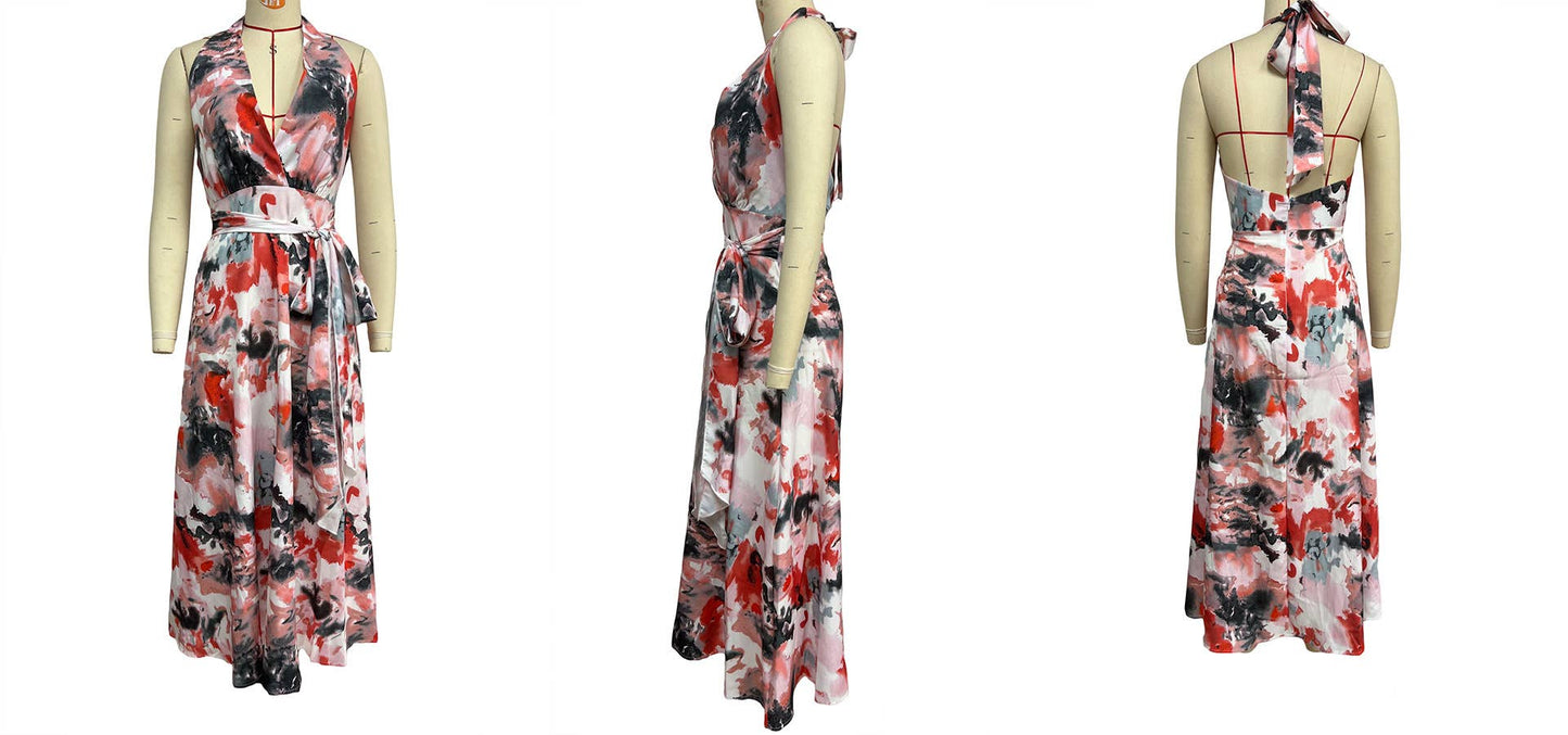 PRINTED LACE-UP V-NECK WAIST A-LINE DRESS