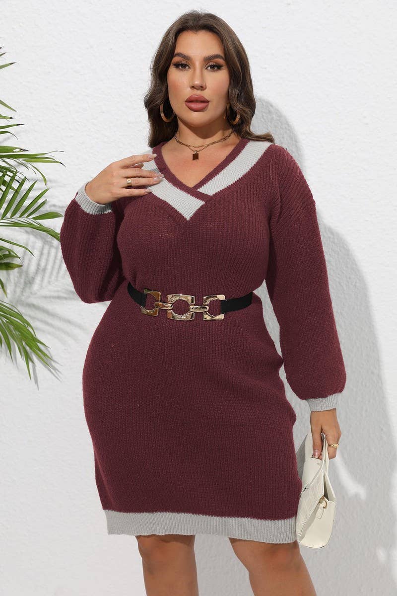 CWOSWL1592_PLUS Size V-Neck Long Sleeve Pullover Sweater