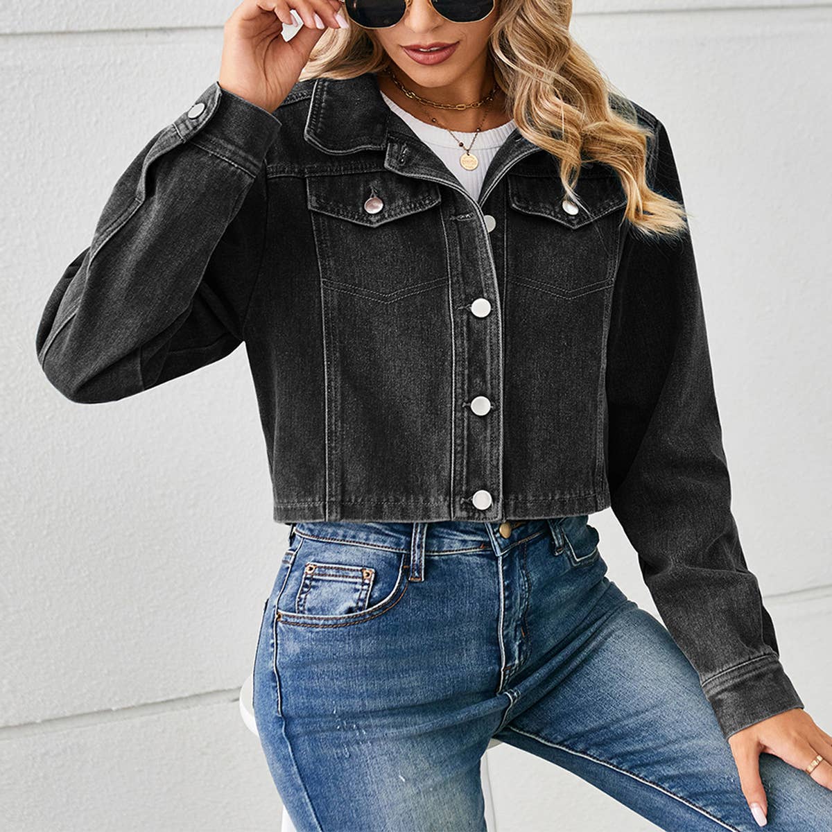 Washed Short Denim Jacket for Women ? Long Sleeve
