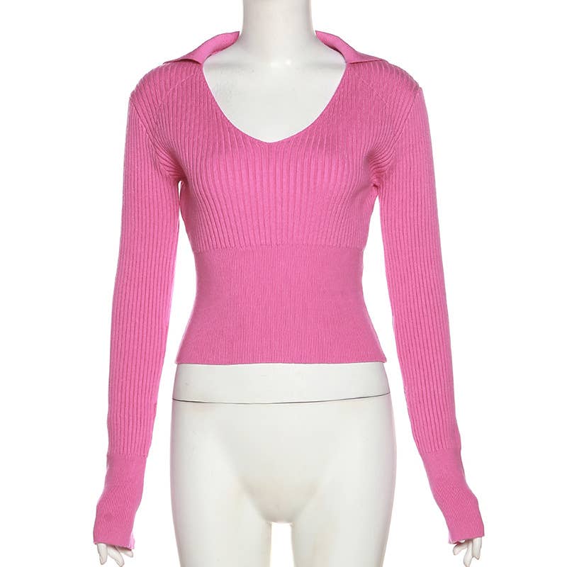 LONG SLEEVE LAPEL SOLID COLOR SLIM CROP KNIT TOP