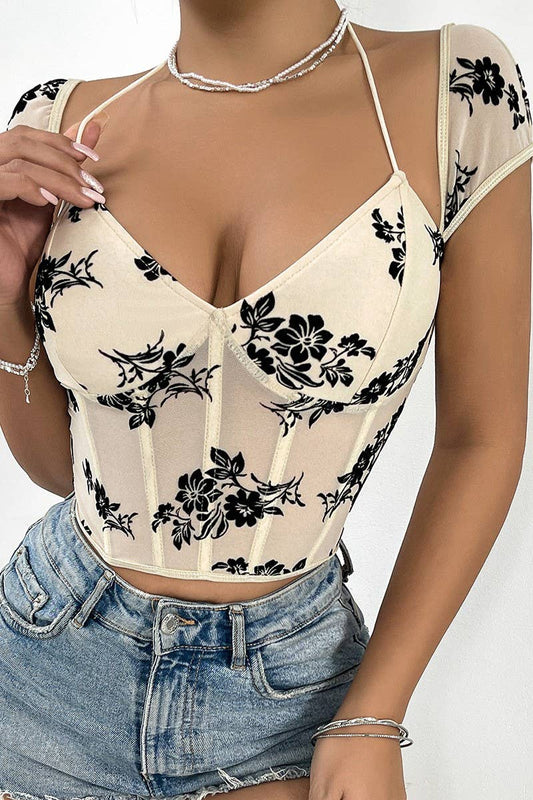 Cwtbls1664_Transparent Low-Cut Lace-Up Flocked Short Vest