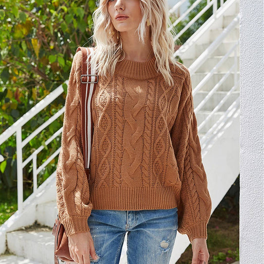 Solid color twisted long-sleeved pullover sweater