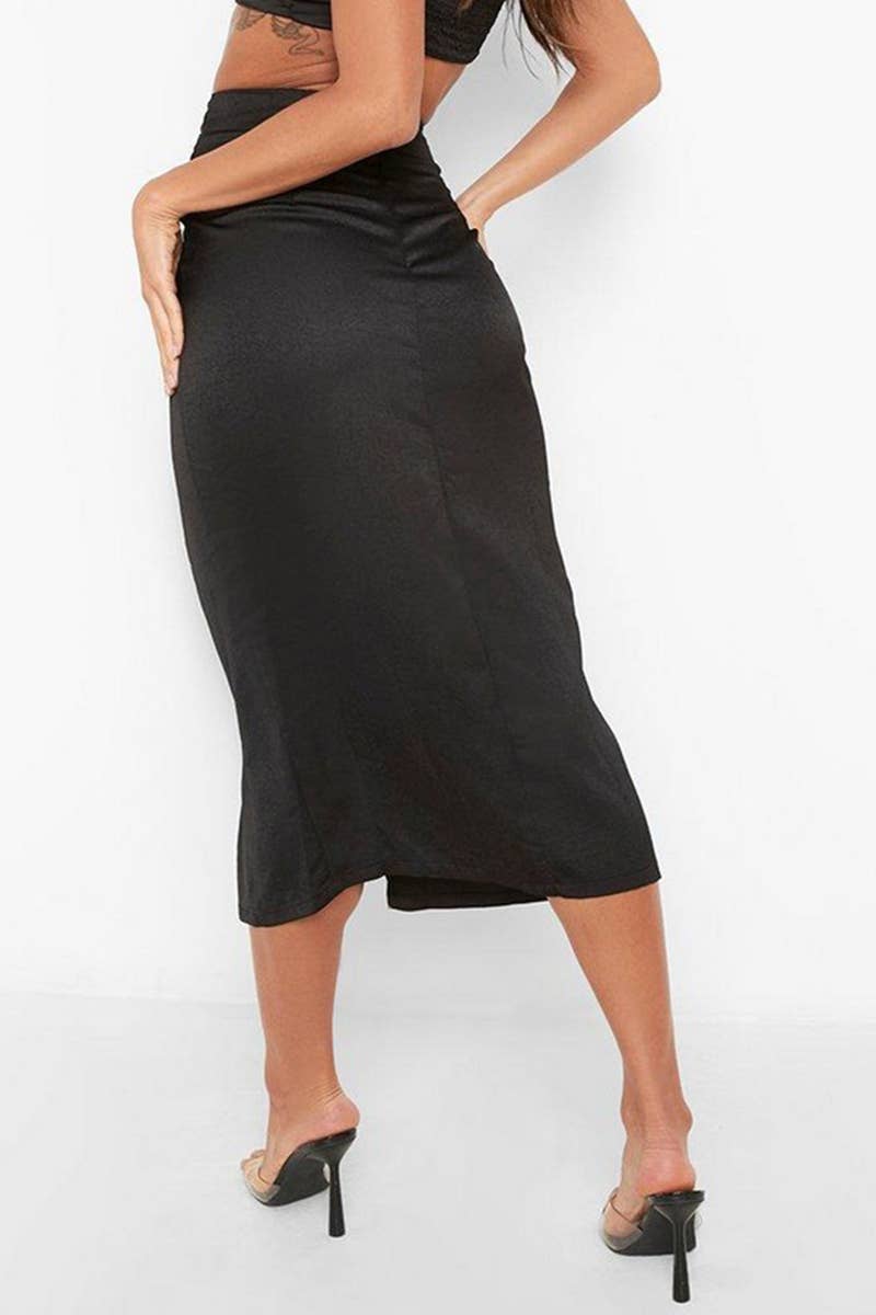HIGH WAIST KNOT IRREGULAR SATIN SLIT SKIRT_CWBMS0089