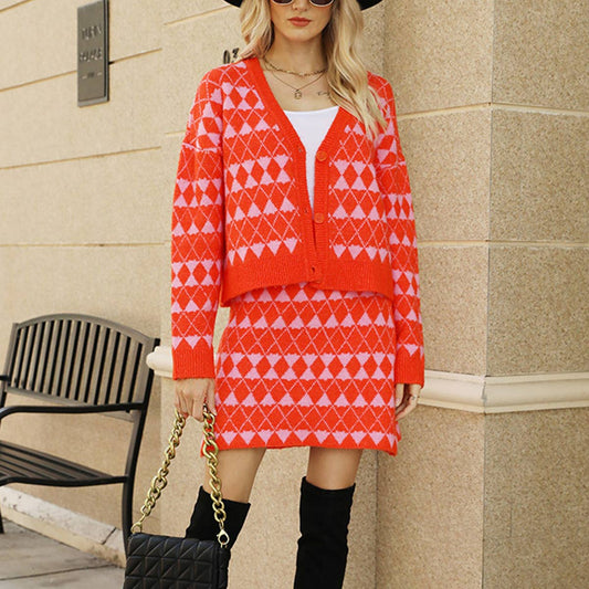 V-neck cardigan knit skirt two-piece set