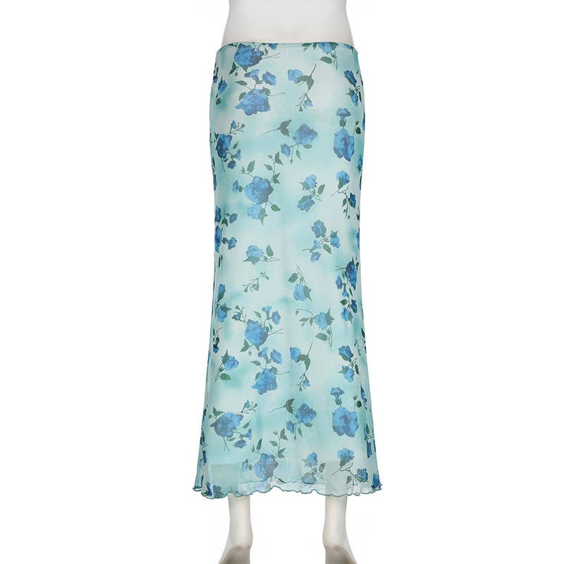 Retro-style color-blocking printed tulle skirt