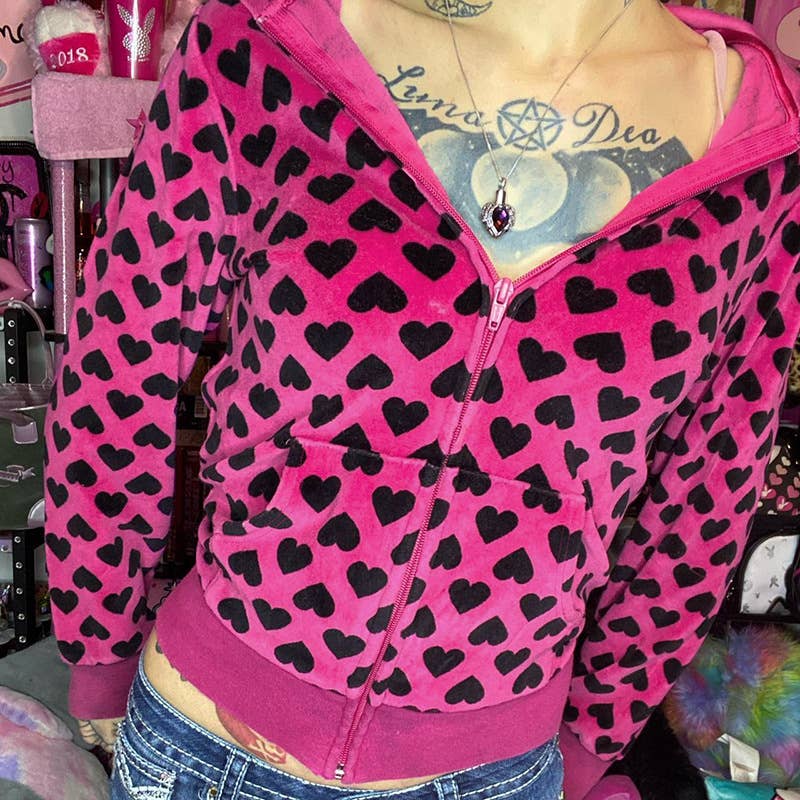 Y2K LOVE PRINTED SUEDE PERSONALITY ZIPPER HOODIE
