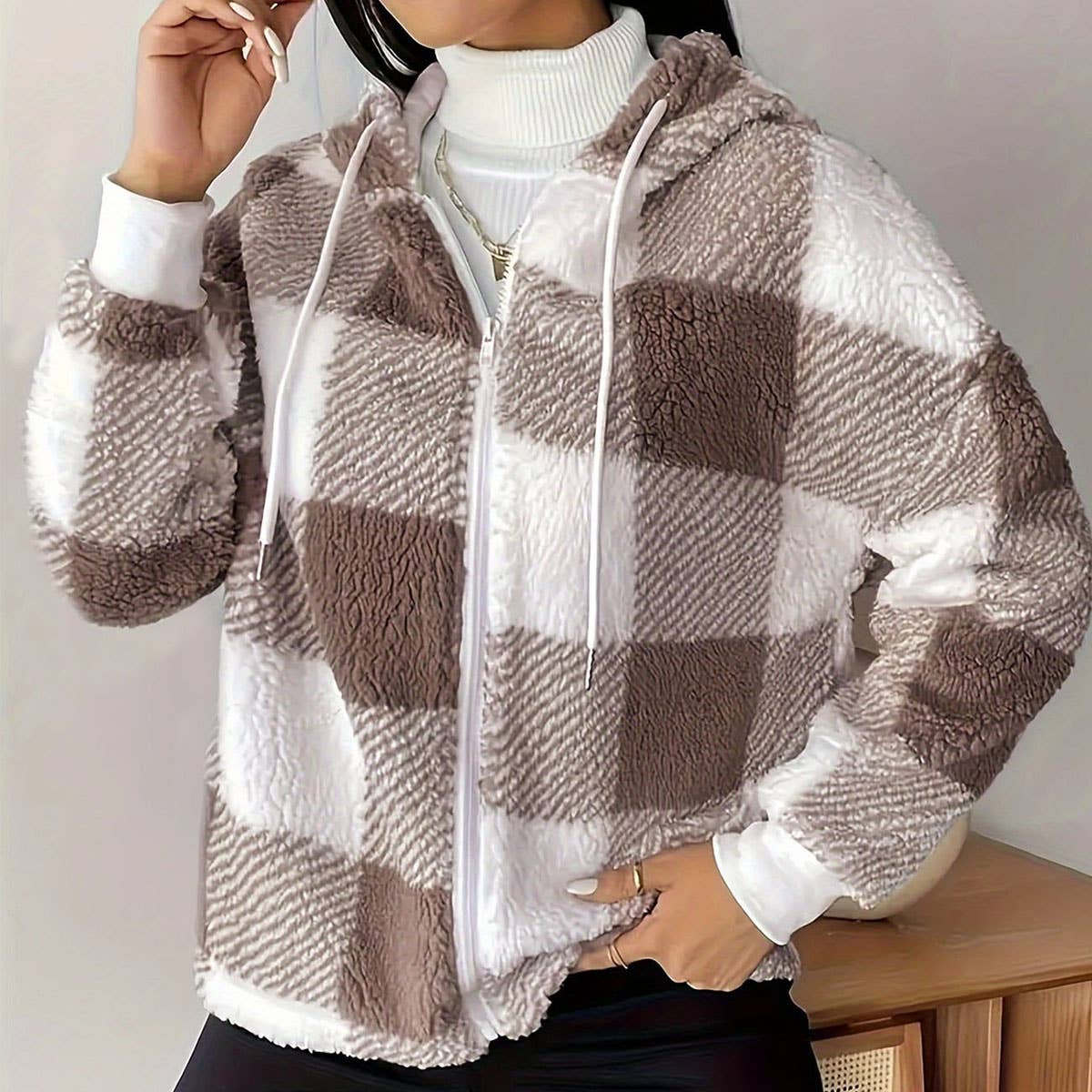 TEMPERAMENT PLAID LOOSE CASUAL HOODED CARDIGAN