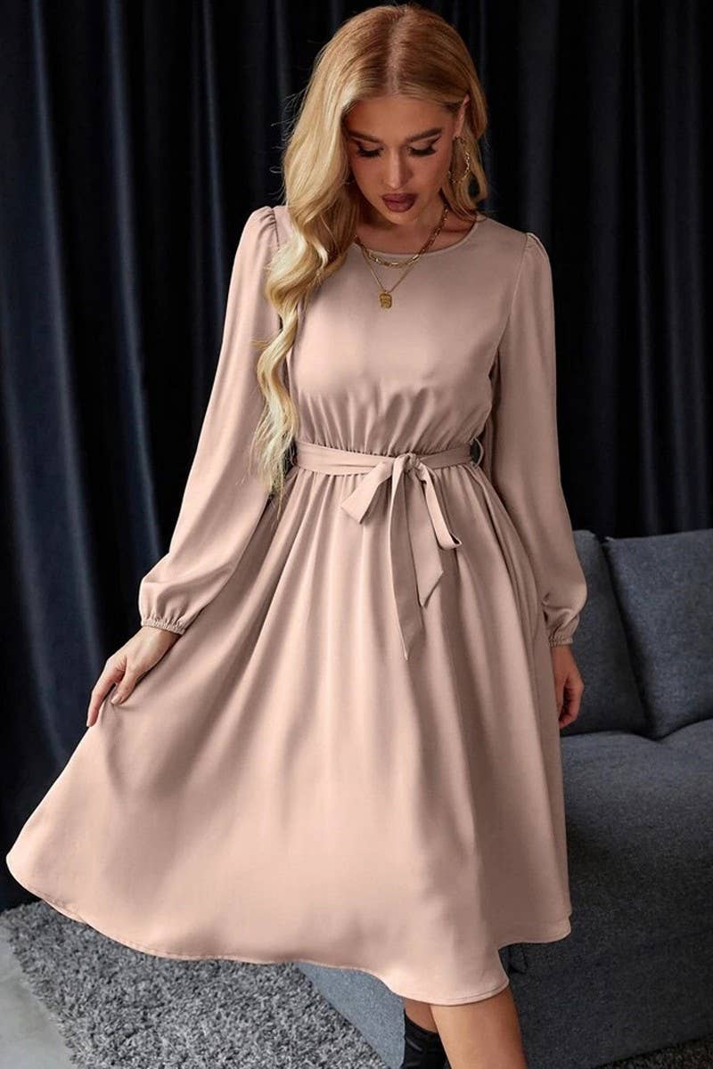 CWDMD5771_BALLOON SLEEVE KEYHOLE TIE BACK SATIN DRESS