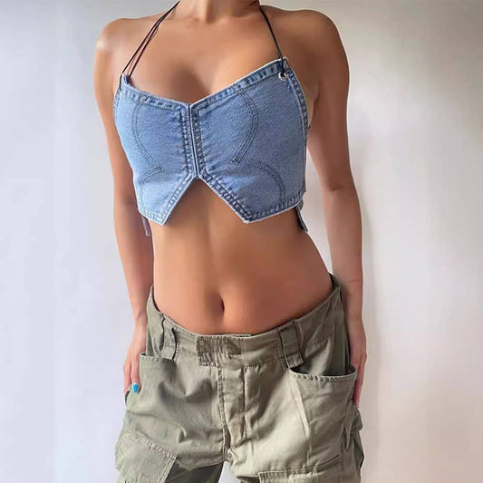 Unique denim strapless crop top streetwear