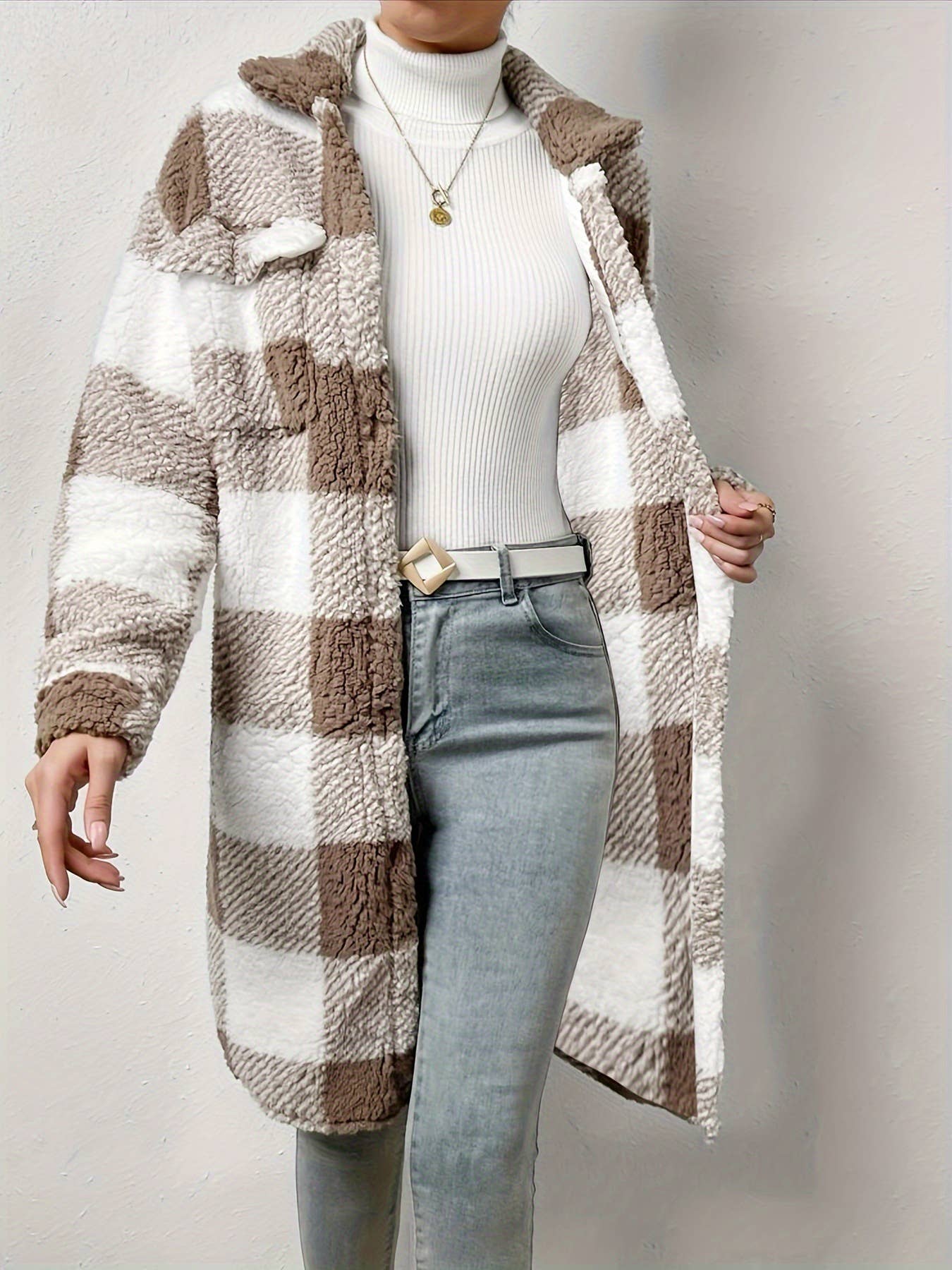 Double-sided plush checkered long lapel cardigan