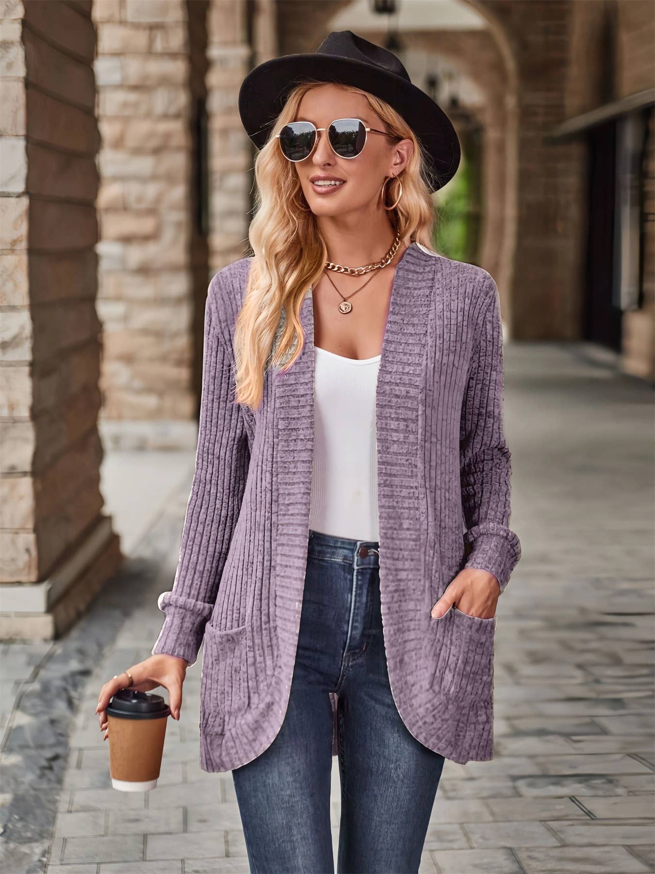 SOLID COLOR WOOLEN PATCHWORK LONG SLEEVE CARDIGAN
