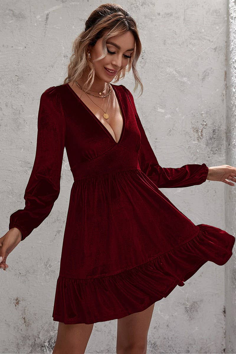 CWDSD6474_DEEP V NECK PUFF SLEEVE VELVET RUFFLE DRESS