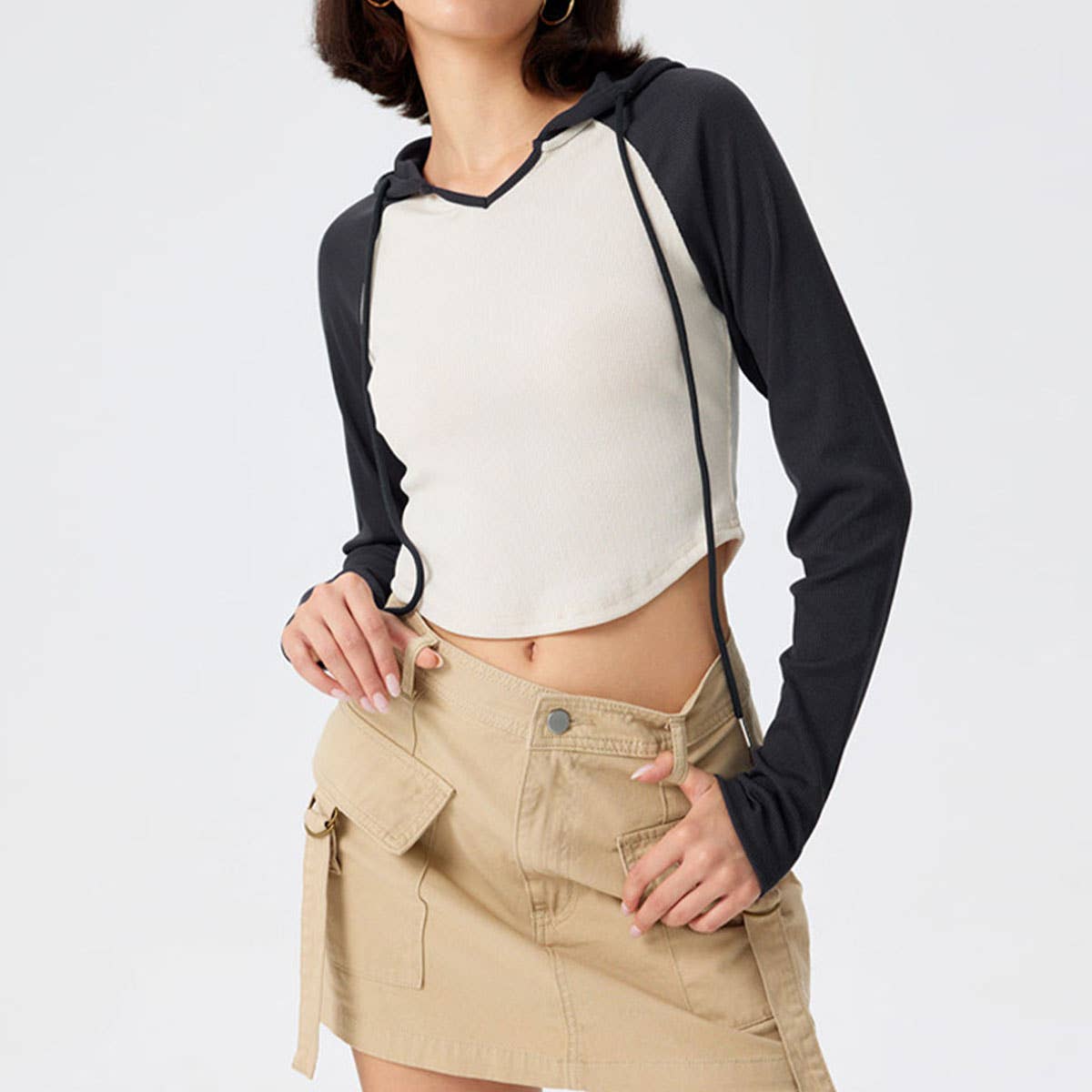 HOODED PATCHWORK COLOR IRREGULAR SLIM-FIT T-SHIRT