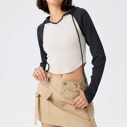 HOODED PATCHWORK COLOR IRREGULAR SLIM-FIT T-SHIRT