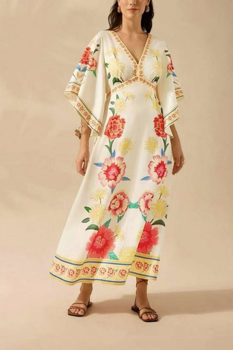 CWDMD5834_V-NECK LOOSE FLORAL FLOWY MAXI DRESS