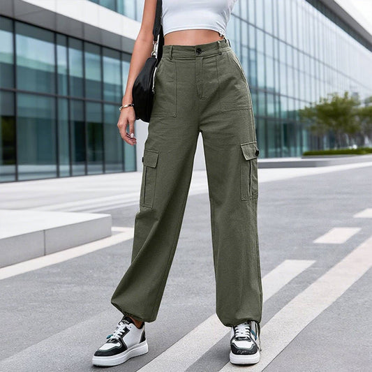 High-waisted,slimming,loose wide-leg cargo pants