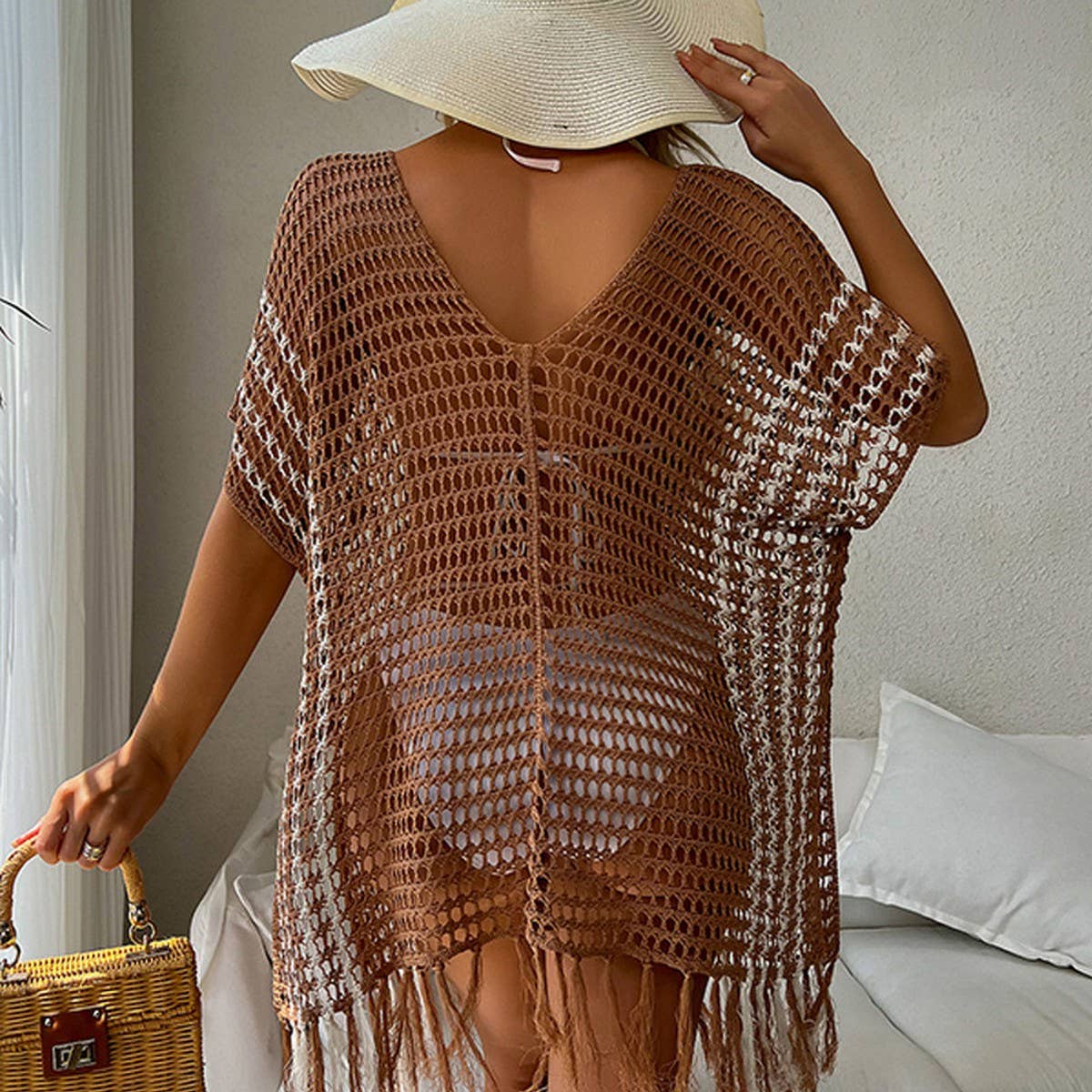 FRINGED CUTOUT BIKINI BEACH SWIMSUIT COVER UP