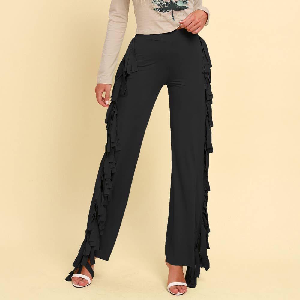 Tassel high-waisted solid color wide leg pants