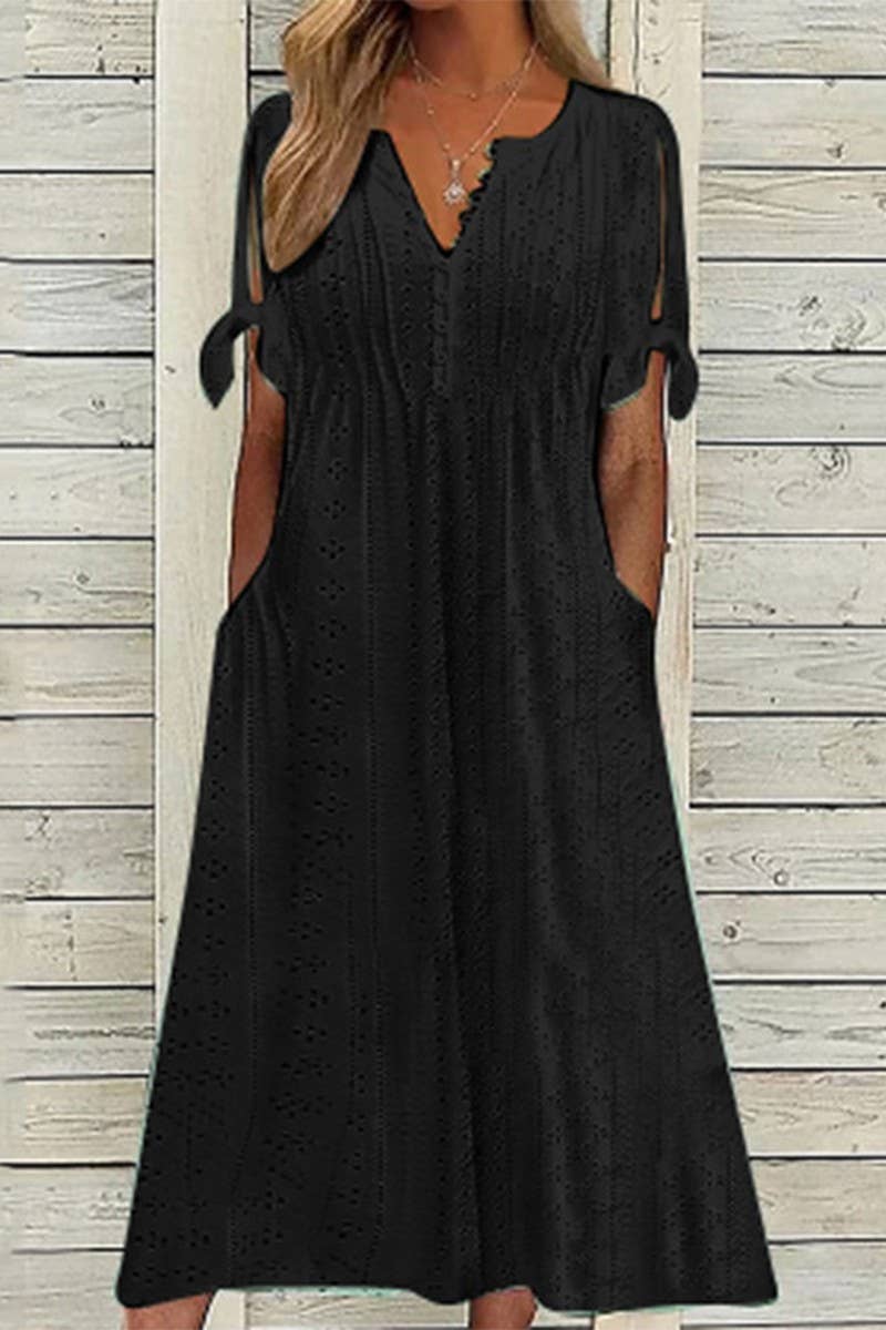 CWDMD5497_SUMMER V-NECK LACE HOLLOW RUFFLE DRESS