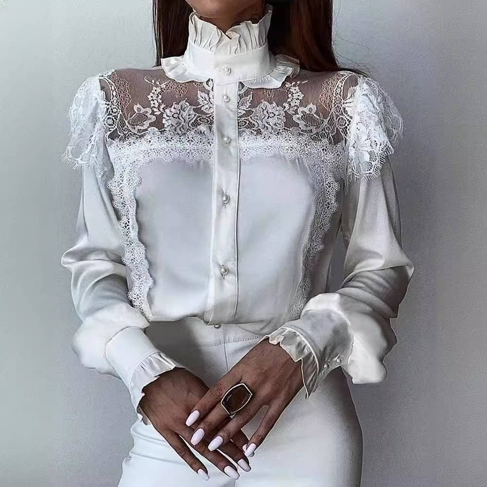 WHITE TURTLENECK LACE SHIRT WITH WOODEN EAR TRIM