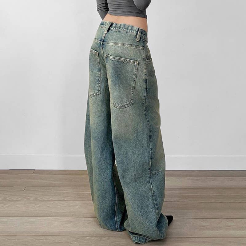 Retro washed and aged low-rise jeans