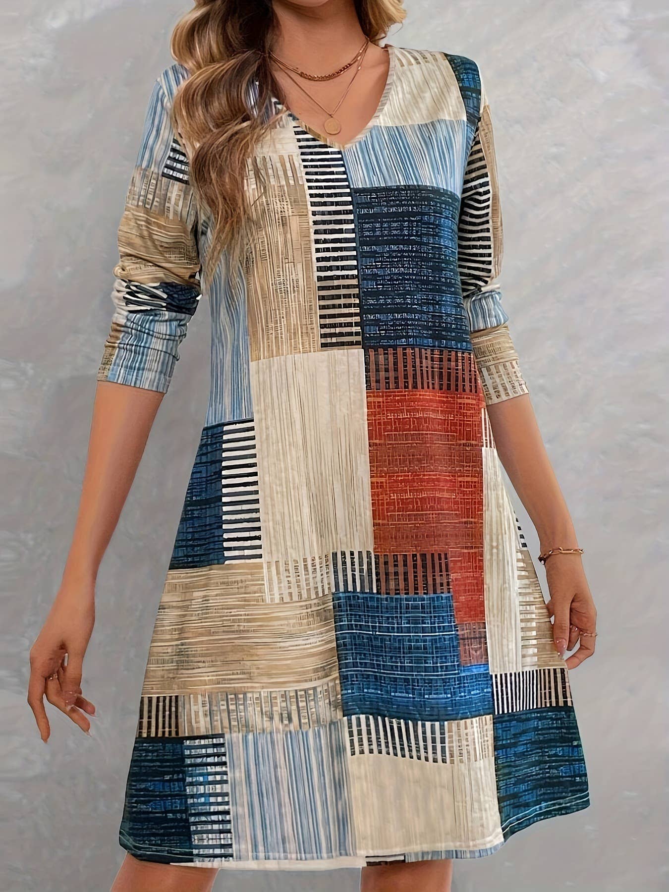 LOOSE FASHION V-NECK COLORFUL PLAID DRESS