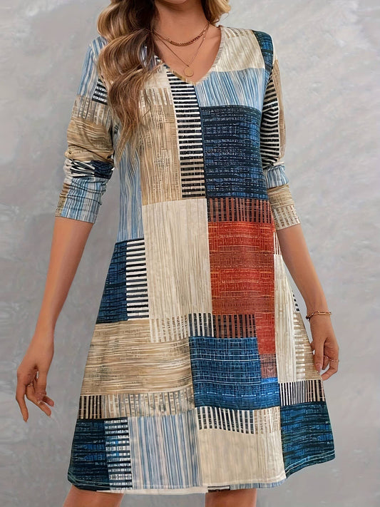 LOOSE FASHION V-NECK COLORFUL PLAID DRESS