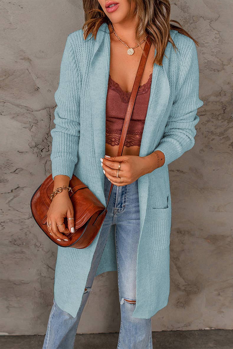 Solid-color hooded long knitted coat