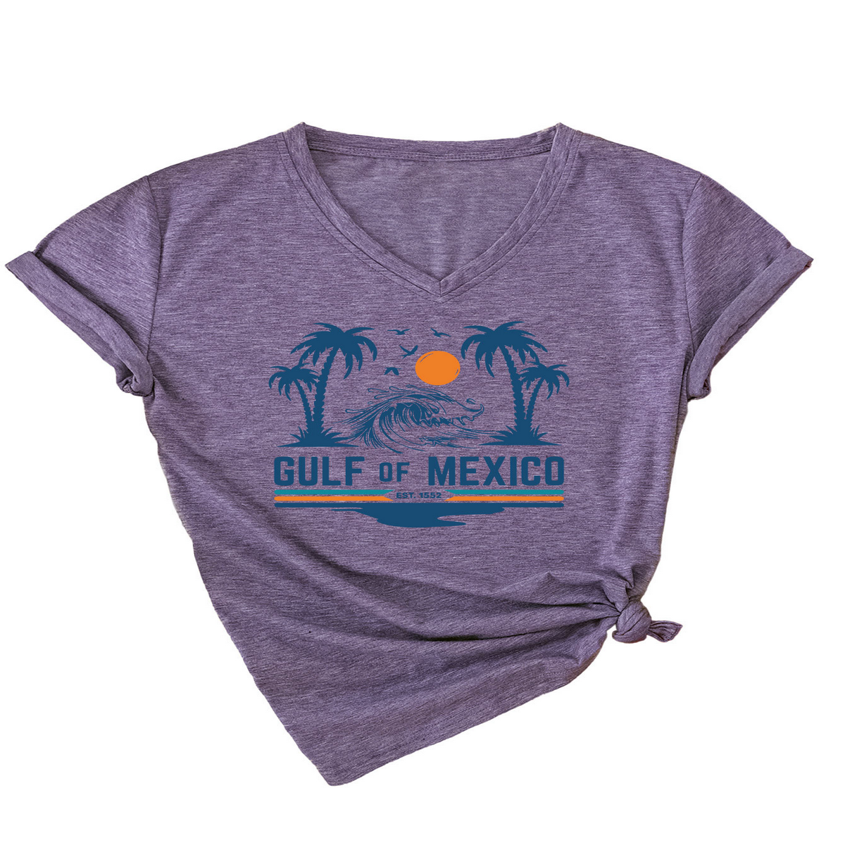 Slim V???Neck T???Shirt ??Gulf of Mexico Est Print_CWTTS1538