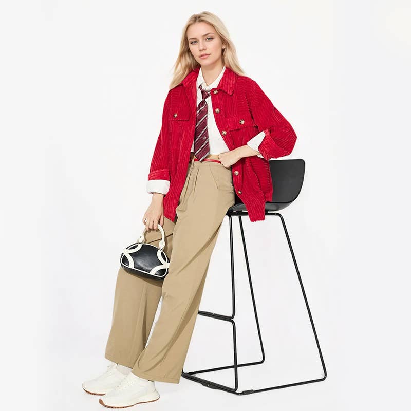 STYLISH LAPEL POCKET LONG-SLEEVED WOOLEN JACKET