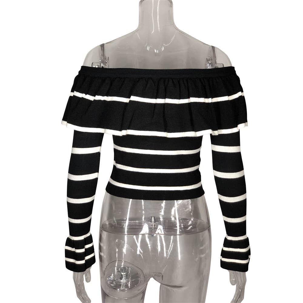 Striped ruffled one-neck knitted sweater