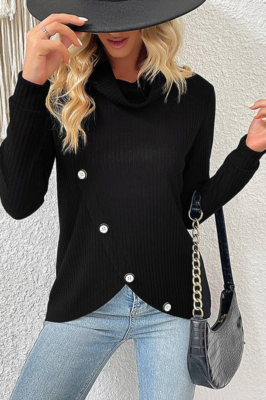 WOMEN SOLID COLOR BUTTON UP TURTLENECK SWEATER_CWOSWL1508