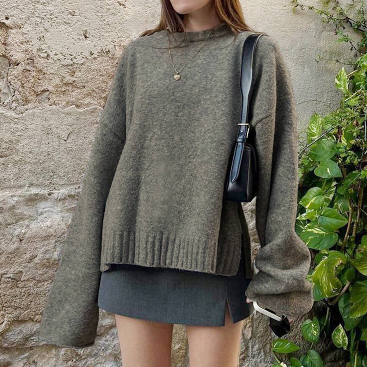 STYLISH DOUBLE-SIDE SPLIT CREW-NECK SWEATER