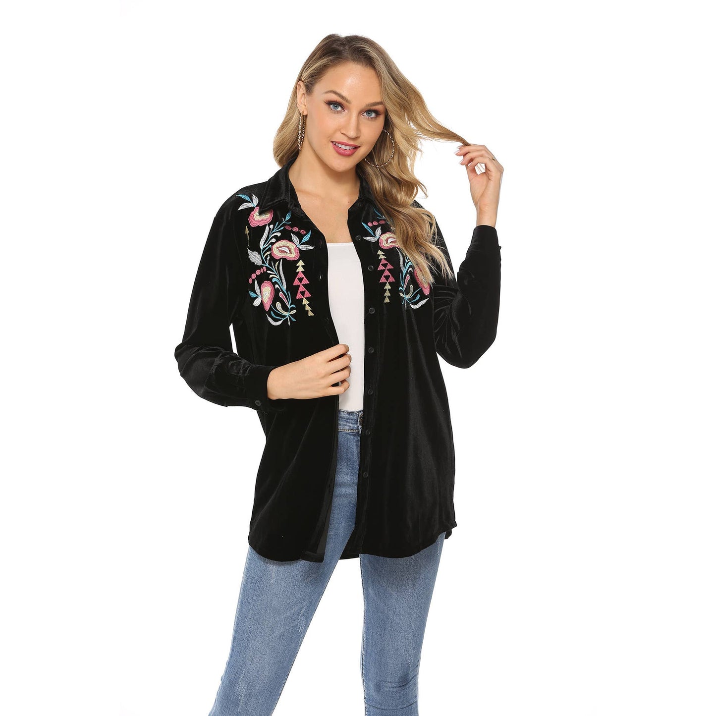 Ethnic-style embroidered lapel shirt