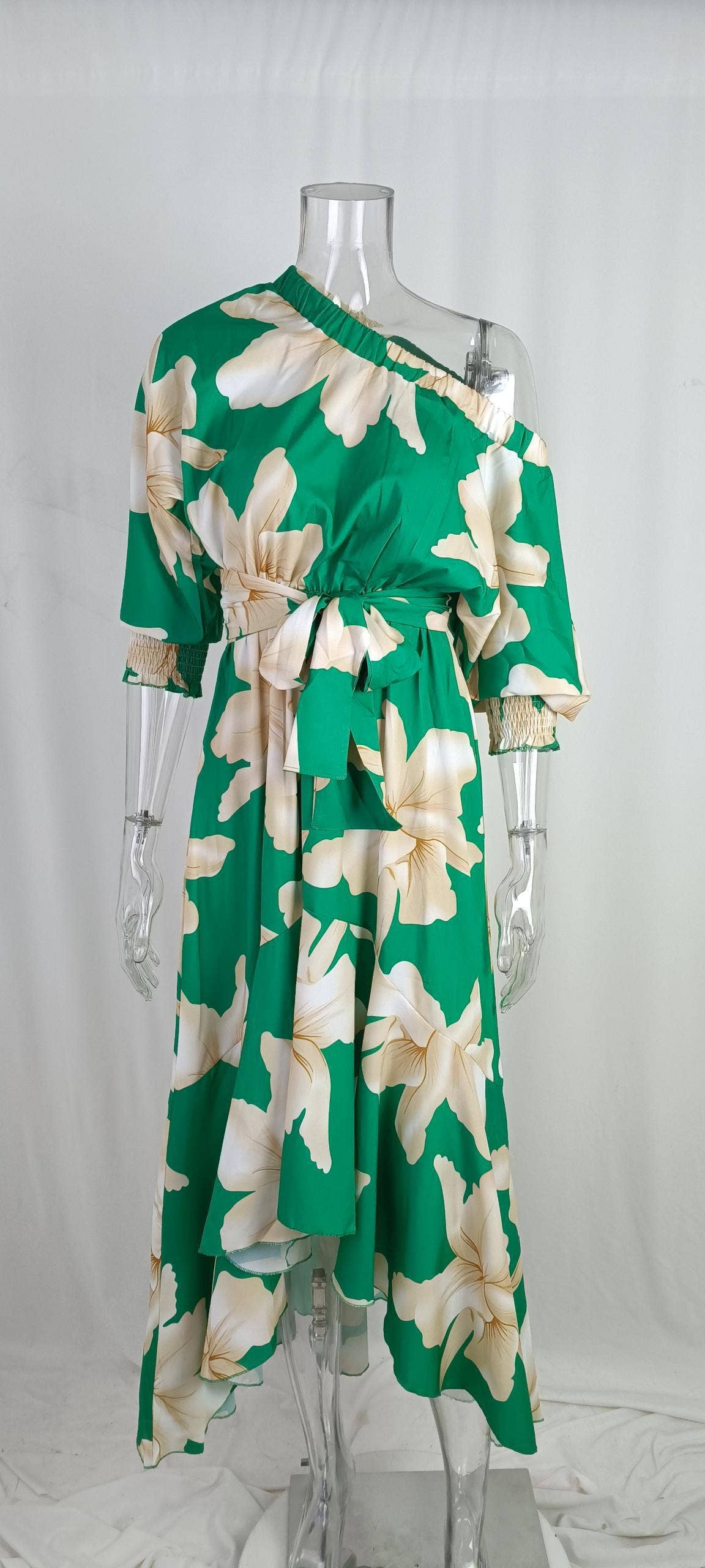 PRINTED LONG SLEEVE LINE NECK DRESS WITH SWING