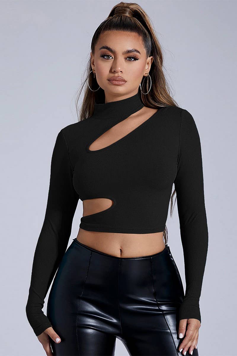 CWDSD6476_HALF TURTLENECK HOLLOW LONGSLEEVE SHORT TIGHT TOP