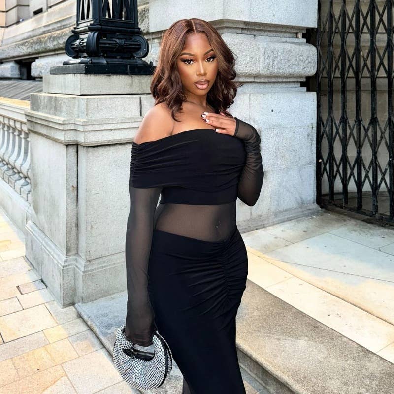 ONE-SHOULDER SLIM-FIT SEE-THROUGH MESH DRESS