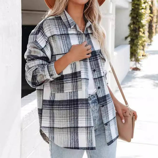 LONG SLEEVE PLAID SHIRT AND LONG WOOL COAT