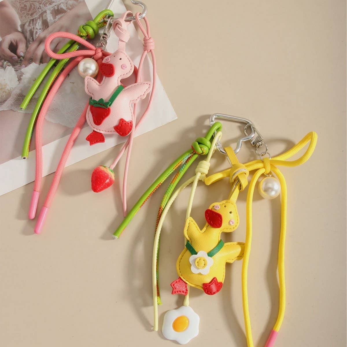 Cute Yellow Duck Strawberry Keychain Bag Charm