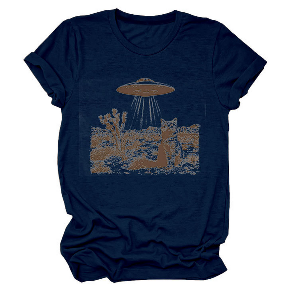 Cat and Spaceship Graphic Tee for Women_CWTTS1514
