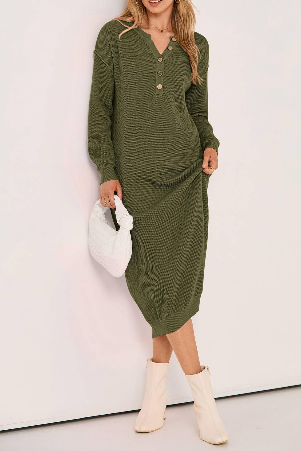LONG-SLEEVED BUTTON-DOWN V-NECK SWEATER DRESS
