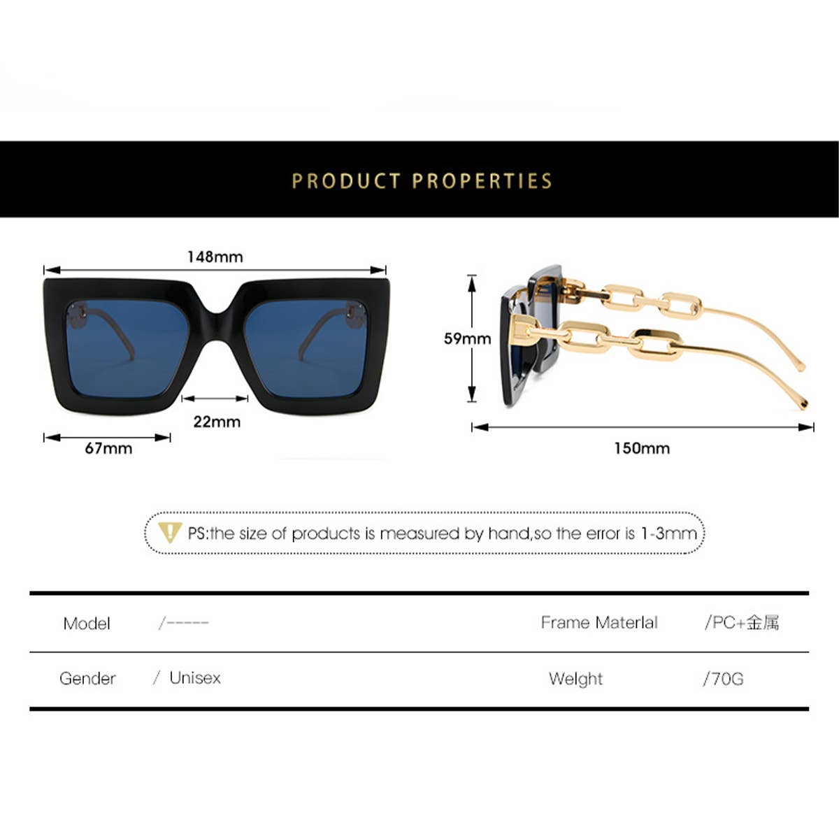 SQUARE FRAME CHAIN FASHION METAL SUNGLASSES WOMEN_CWASG0280