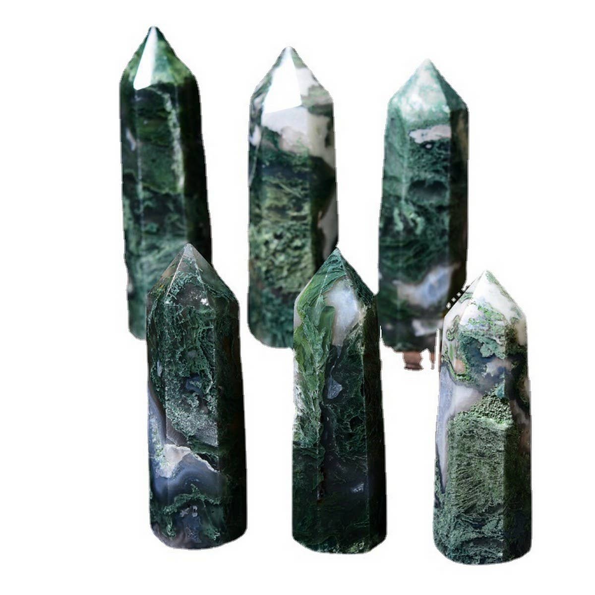 Natural Moss Agate Pointed Crystal Tower